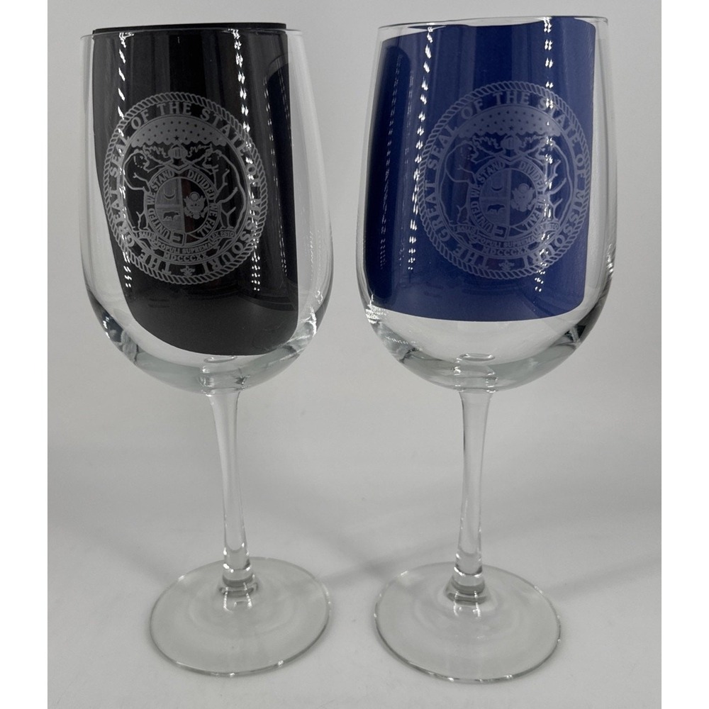 Wine Glasses Stemmed‎ Set Of 2 State Of Missouri Etched Crystal 9.5" Tall MO GOV